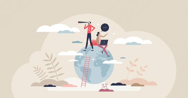 Global opportunity searching for international business tiny person concept. Businessman standing on globe and looking in future goals with high ambitions and reaching target top vector illustration.